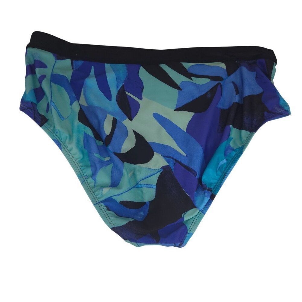 Womens XL Tropical Leaf Print Swim Bottoms Black Blue - Picture 2 of 3